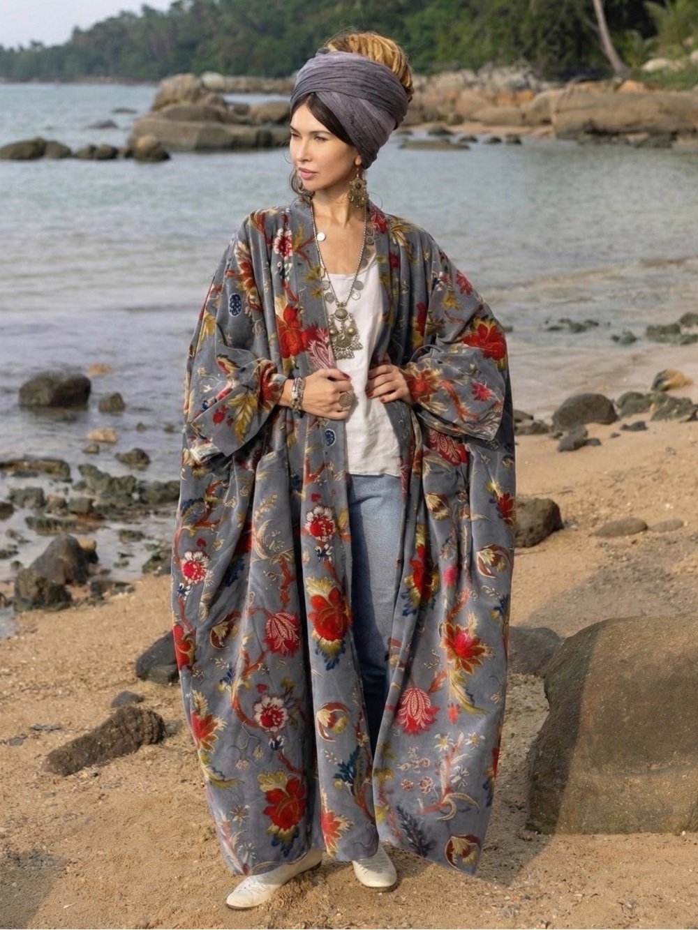 Oversized Boho Velvet Floral Kimono Duster in Slate Gray with Red Accents